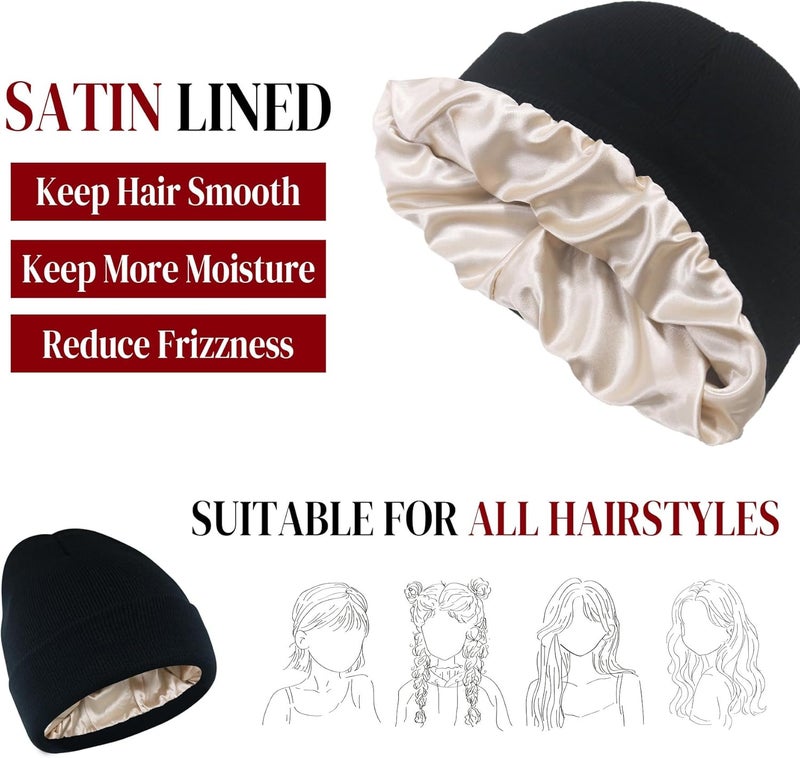 PFFY 2 Packs Womens Satin Lined Beanie Hat Silk Lining Winter Hats Beanies for Women Soft Slouchy Beanie Skull Cap - Image 2